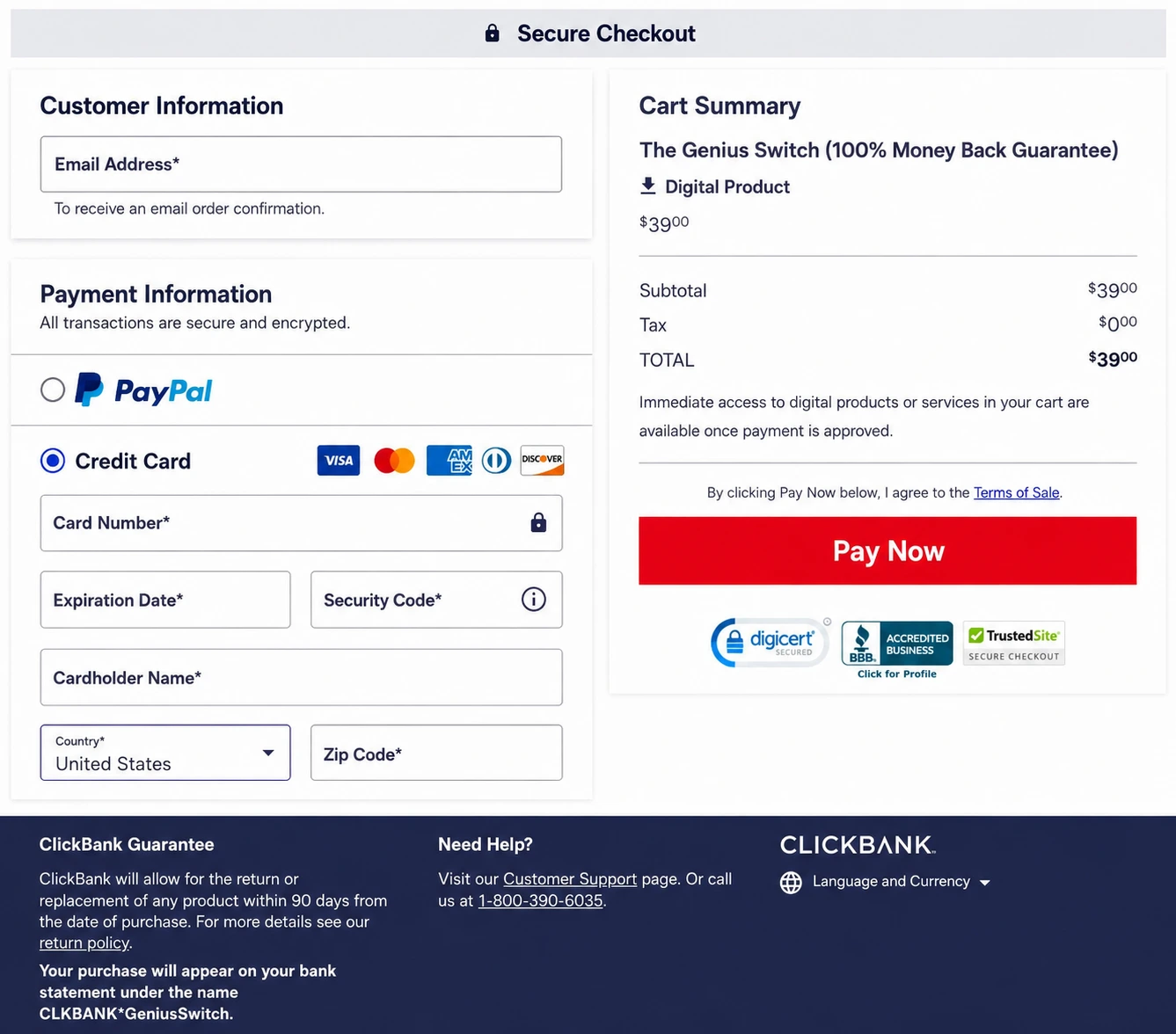 the genius switch checkout page